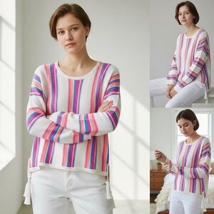 Lilly Pulitzer Rozalia Stripe Knit Sweater Drop Shoulder Slits with Tassels